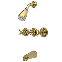 Kingston Brass KB232AX Tub and Shower Faucet with Three Cross Handles, Polished Brass 5-Inch Spout Reach