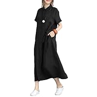 Collared Maxi Dress for Women Cotton Linen Short Sleeve Casaul Loose Fit Lightweight Dress
