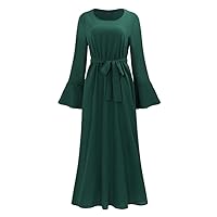 Elegant O Neck Ankle Length Evening Dress Up Long Solid Color Women Sleeve Casual