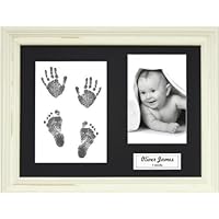 New Baby Handprint Footprint Kit, Inkless Wipe with Shabby Chic Cream Display Frame, Black Mount 0-3 yrs