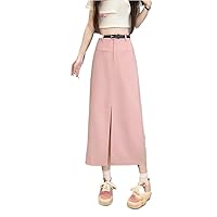 Slit Long Skirts for Women Summer Korean High Waist Skirt with Belt