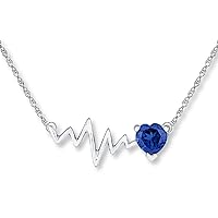 14K White Gold Plated in Silver Heart Cut Created Blue Sapphire & Cubic Zircon Heartbeat Pendant Necklace