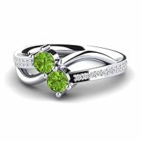 Peridot Round 4.00mm Two Stone Ring With Accents | Sterling Silver 925 With Rhodium Plated | Wedding, Anniversary And Engagement Collection.