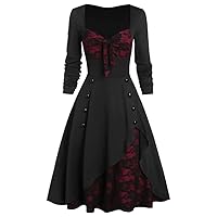 Women Lace Dresses Stitching Plus Size Long Sleeve Classical Retro Style Winter Dress for Banquet
