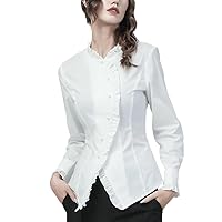 Women White Cotton Blouse Long Sleeve Fungus Edge Chic Button-Down Tunic Shirt Autumn Top Ladies Dress Shirt