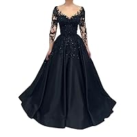 Black Evening Dresses Long Satin Lace Applique Beaded Sparkly Full Sleeves Elegant Ball Gown Women Prom Gowns Formal Party Dress