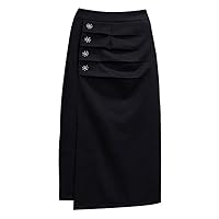 GMOIUJ A Line Skirt Autumn Women Retro High Waist Black Chic Oversize Skirt Fashion Office Lady Button Fold Asymmetric Long(Size:2XL Code)