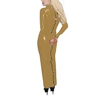 Long Sleeve Women Faux Leather Long Dress Performance Bodycon Club Dresses Halloween Back Zipper Dress with Multiple Locks