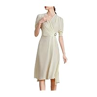 Womens Dresses Silk Dress for Women V-Neck Short Lantern Sleeve Elastic Waist Solid Midi Dress