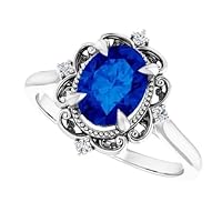 Vintage Oval Blue Sapphire Ring, 1 CT 14k White Gold, September Birthstones