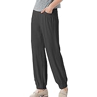 Minibee Women's Cotton Linen Tapered Cropped Pants Elastic Waist Trousers