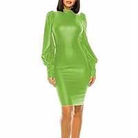 Elegant Womens Mini Faux PU Leather Dress Puff Long Sleeve Mock Neck Solid Skinny Dresses Streetwear
