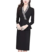 Elegant Flouncing Frill Wear to Work Office Business Casual Party Sheath Dress Women Long Sleeve V-Neck