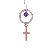 Diamondere Natural and Certified Gemstone Cross Circle Necklace in 14k White and Rose Gold | 0.10 Carat Pendant with Chain