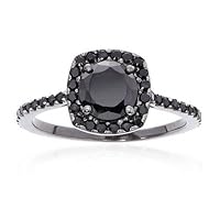 1 1/2ct Black Diamond Cushion Halo Engagement Ring 14K Black Gold