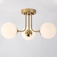 Modern Semi Flush Mount Ceiling Light,Globe White Glass Shade Semi Ceiling Light 3-Light,Sputnik Chandeliers for Bedroom Hallway Dining Room Lighting Fixture