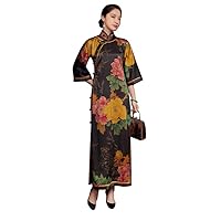 Cheongsam Silk Scented Cloud Yarn Peony Printed Connect Shoulder Sleeve Qipao Dress 2688