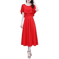 Office Lady Chiffon Long Dress Summer O-Neck Dress Women Solid Colors Loose Ruffles Dress