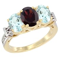 14K Yellow Gold Natural Garnet & Aquamarine Sides Ring 3-Stone Oval Diamond Accent, sizes 5 - 10