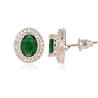 ANGEL SALES 1.00 Ct Oval Cut Green Emerald & Diamond Halo Stud Earrings For Girls & Women's 14K White Gold Plated