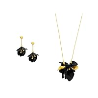ZENZII 2 Pieces Gold Flower Petal Jewelry Set for Women in Black: Earrings, Necklace