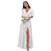 Bridesmaid Dresses V Neck with Sleeves Side Slit Formal Party Dress
