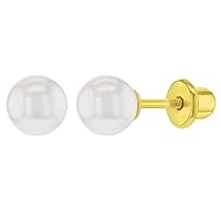 Gold Plated Classic White Simulated Pearl Safety Screw Back Earrings for Girls - Traditional White Simulated Pearl Earrings for Infants, Toddlers, and Little Girls