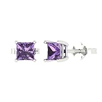 1.50 ct Princess Cut Solitaire Simulated Alexandrite Pair of Stud Everyday Earrings Solid 18K White Gold Butterfly Push Back