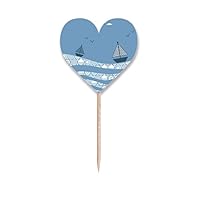 Sea Wave Boat Landscape Cloud Illustration Toothpick Flags Heart Lable Cupcake Picks