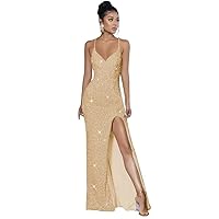 Spaghetti Straps V Neck Sequins Prom Dress Mermaid Split Long Bridesmaid Formal Evening Party Dress for Women