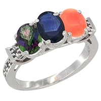 10K White Gold Natural Mystic Topaz, Blue Sapphire & Coral Ring 3-Stone Oval 7x5 mm Diamond Accent, Sizes 5-10