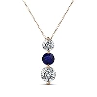 Round Blue Sapphire Diamond 7/8 ctw Graduated Three Stone Drop Pendant 16 Inches Chain 14K Gold