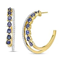 1.5 CT Pear Cut Created Blue Sapphire & Diamond Hoop Earrings 14k Yellow Gold Finish