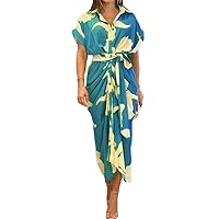 New Women's Printed Lapel Short Sleeved high Waisted Long Shirt Dress (Blue,Medium)
