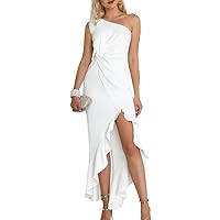 White One Shoulder Summer Dress Elegant Scrunch Waist Ruffle Open Party Prom Dress for Women's
