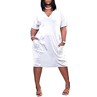 Women Casual T-Shirt Dress V Neck Short Sleeve with Front Two Pockets Solid Color Oversize Dresses