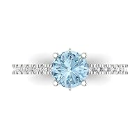 1.51ct Round Cut cathedral Solitaire Aquamarine Blue Simulated Diamond designer Modern with accent Ring 14k White Gold