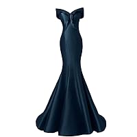Women's Off Shoulder Satin V Neck Evening Dress A Line Mermaid Long Ball Gown Dark Blue