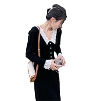 French Vintage Lace Pearl Dress Women Autumn Winter Long Sleeve Interior Collect Waist Evening Dress