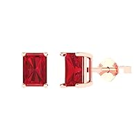 2.0 ct Emerald Cut Solitaire Simulated Ruby Pair of Stud Everyday Earrings Solid 18K Pink Rose Gold Butterfly Push Back