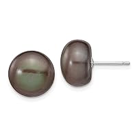14K White Gold 7 8mm Black Button Freshwater Cultured Pearl Stud Earrings