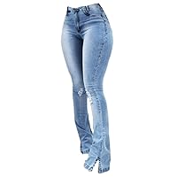 Andongnywell Plus Size Women's Ripped Bell Bottom Jeans Fashion High Waisted Flared Denim Pants Trouaers