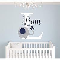 Decalzone Inc Custom Elephant Name Wall Decal - Elephant Room Decor - Nursery Wall Decals - Elephant Kids Art Mural Vinyl Sticker for Boys - Name & Initial Cute Baby Wall Decoration