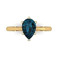 Clara Pucci 1.95ct Pear Cut Solitaire Natural London Blue 6-Prong Classic Designer Statement Ring Solid Real 14k Yellow Gold for Women