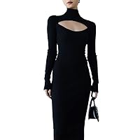 Women Black Hollow Out Maxi Dress Chic Stand Collar Ladies Long Sleeve Elasticity Slim Long Knitted Dresses