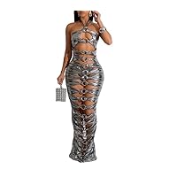 Womens Halter Cut Out Lace Up Maxi Dress Hollow Halter Party Club Bodycon Midi Dress Sexy Cocktail Dress