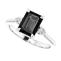 Love Band 1 CT Three Stone Emerald Cut Black Diamond Engagement Ring 14k White Gold, Minimalist Emerald Shape Black Onyx Ring, Dainty Black Ring, Perfect Ring For Her