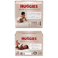 Bundle of Huggies Size 4 Diapers, Skin Essentials Baby Diapers, Size 4 (22-37 lbs), 140 Count (2 Packs of 70) + Huggies Skin Essentials Baby Wipes, 99% Water, 6 Flip Top Packs (336 Wipes Total)