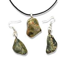Rainforest Rhyolite Stone Sterling Silver Earrings and Necklace on a Leather Cord