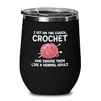 Crochet Black Wine Tumbler 12oz - the couch crochet - Hand Knitting Amigurumi Vintage Style Crochet Projects Crafts Crocheter Mom Gifts